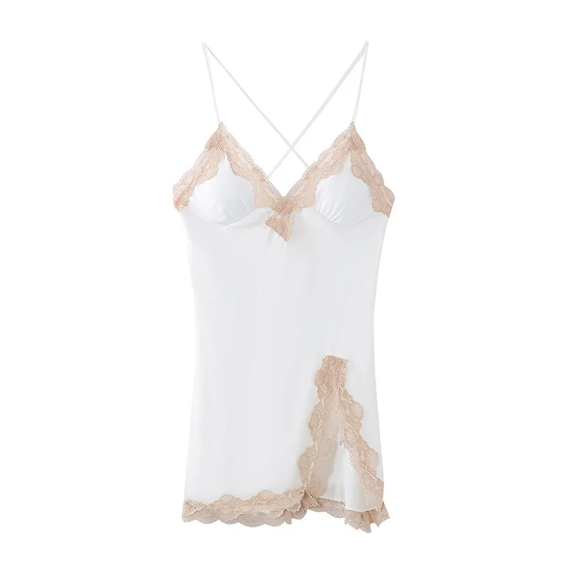 Summer Women Sleepwear Suspender Nightgown  Lace Trim Nightdress Nightwear Backless Mini Home Dress Loose Satin Lou Wear: