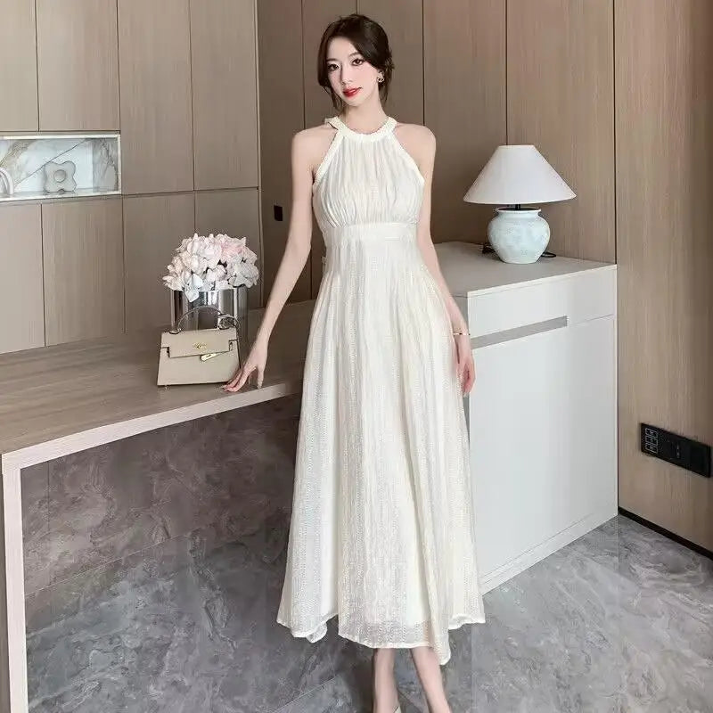 Aiertu Summer Halter Chiffon Bandage Long Dress Casual Dresses Blue Sexy Strapless New Pleated Sundress Vacation Clothes For Women Aiertu