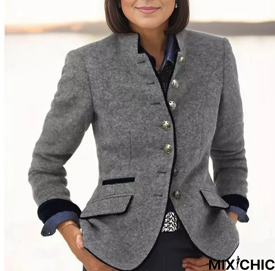 zolucky Solid Vintage Blazer Stand Collar Jacket