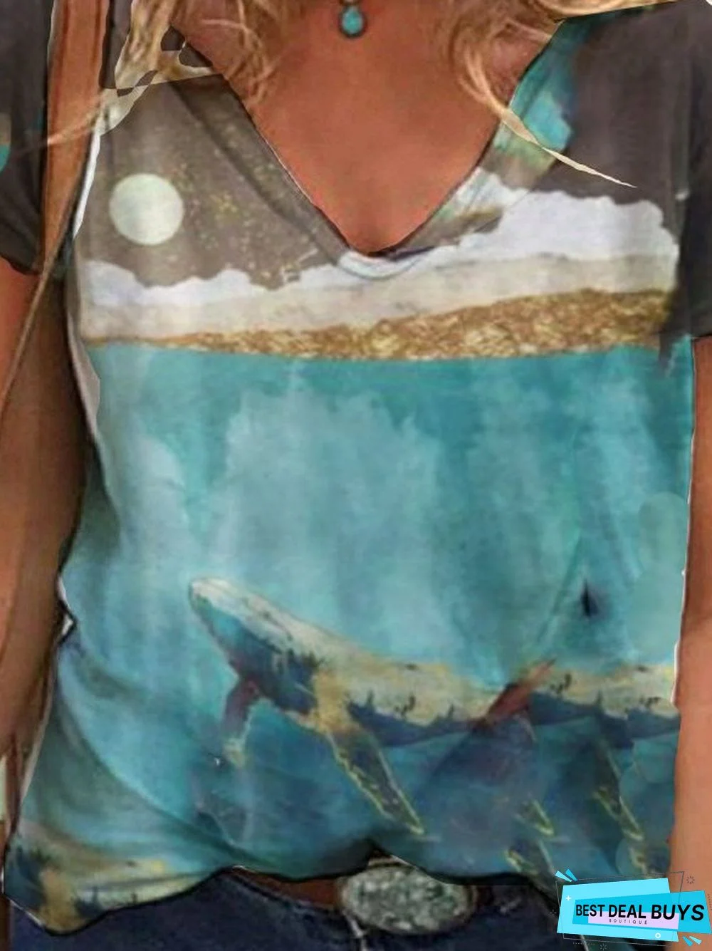 Ocean Whale  V Neck Ombre/tie-Dye Short Sleeve T-shirt