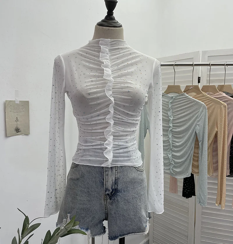 Uveng Real Shooting 2024 New Hot Diamond Half-High Collar Perspective Thin-Bottomed Shirt Mesh Top Beautiful Chic Shirt 2635