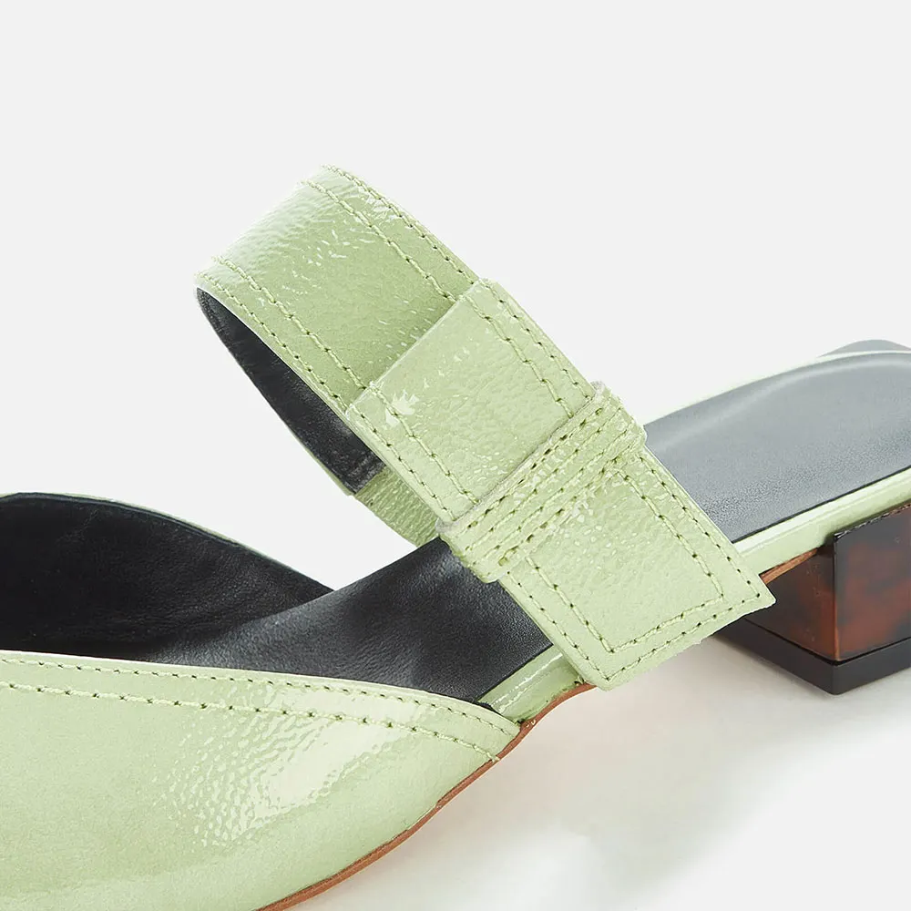 Light Green Square Toe Strap Decor Mules Shoes with Block Heels