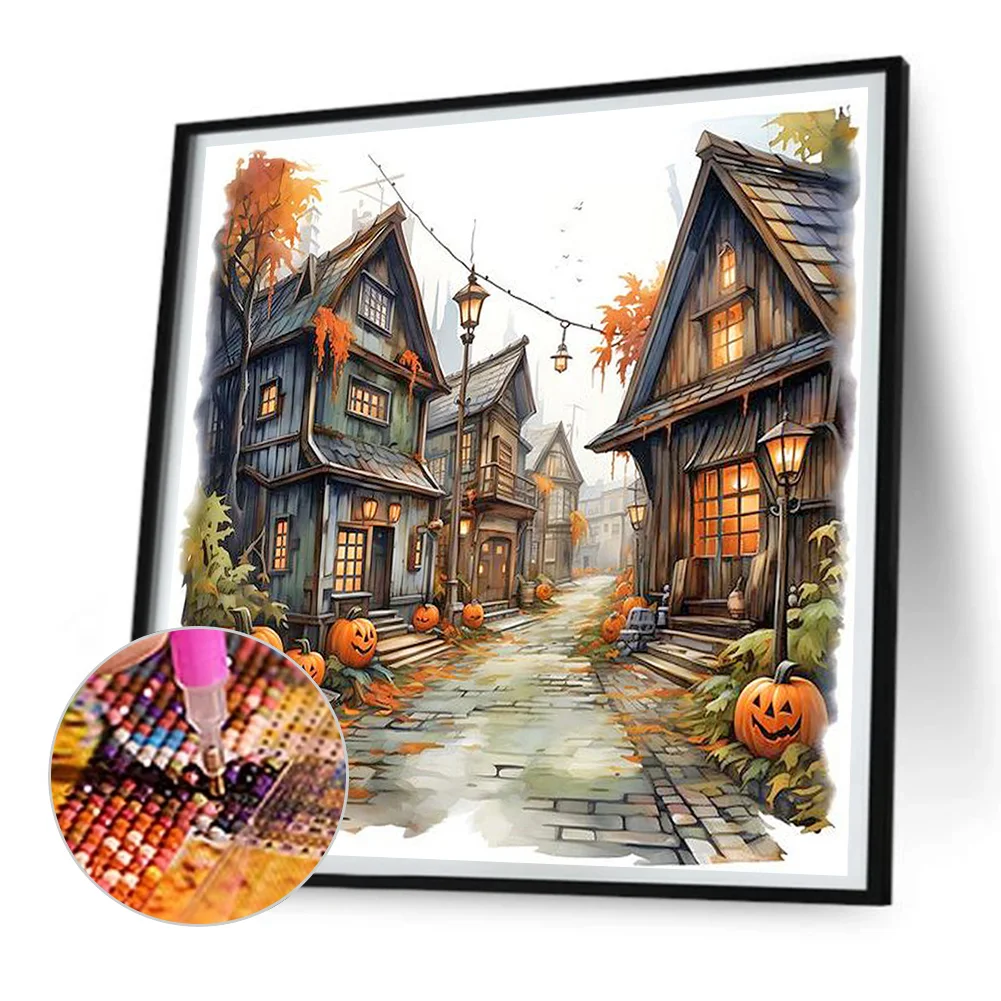 Diamond Painting - Full Round Drill - Halloween Pumpkin Street(Canvas|30*30cm)