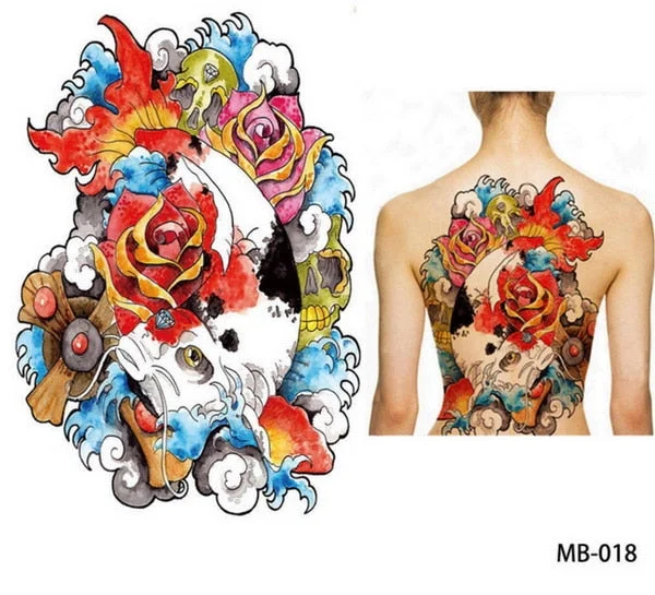 48*35 cm large tattoo stickers 2018 new designs fish wolf buddha waterproof temporary flash tattoos full back chest body for men