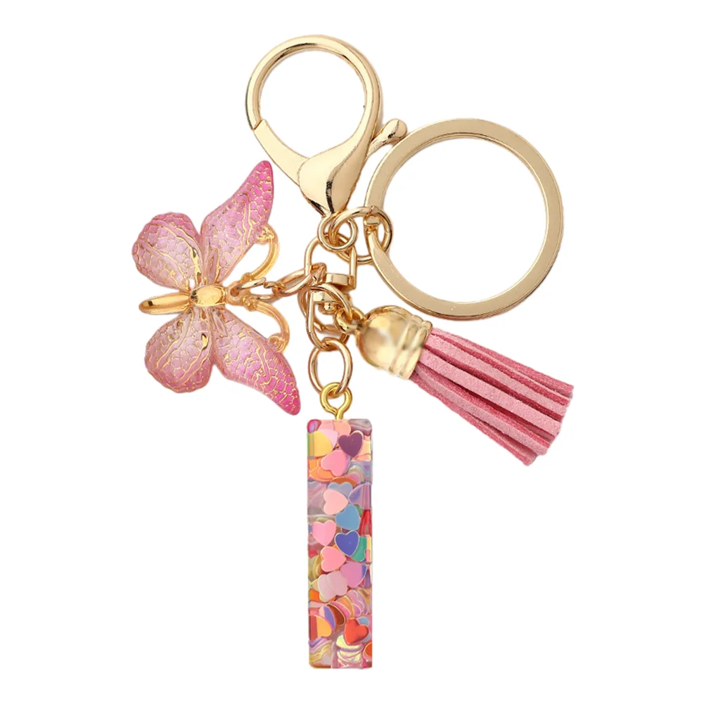 Resin Initial Letter Keychains Alphabet Letter Keychain Pink Tassel Butterfly Key Ring