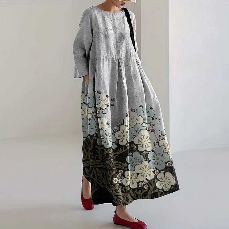 Women Japanese Art Linen Blend Maxi Dress