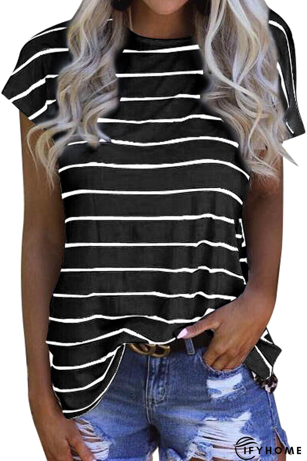 Stripe Black Leopard Printed Open Back Short Sleeve T Shirt | IFYHOME