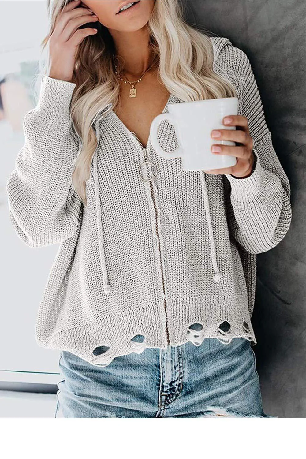 Wongn Wongn New Ladies Cardigan Hoodie Hoodie Zipper Broken Hole Irregular Loose Sweater Women's Wear