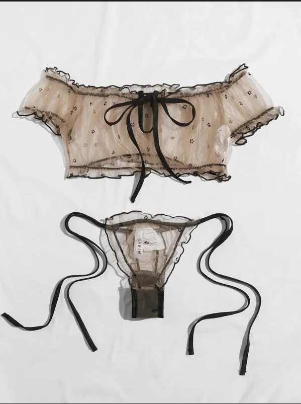 Churchf Sex Lingerie Sexy Women's Net Yarn Perspective Shoulder Bra Lingerie Set