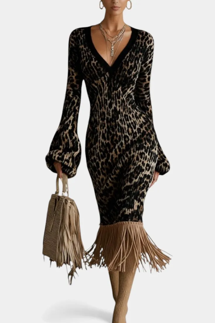 Leopard Print Midi Dress with Fringed Hem