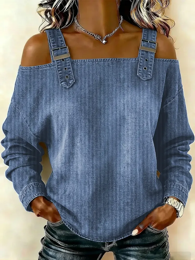 Women's Vintage Line Pattern Art Print Casual Cotton Denim Shirt