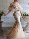 Champagne Floor Length Mermaid Prom Dress Off The Shoulder Butterfly Sleeve Beaded Floral Lace Embroidery Belt Fishtail Sweetheart Bodice