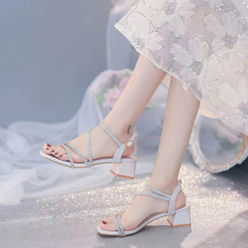 Pongl Pongl Heel Sandals Female Fairy Wind 2023 Summer New Small Fresh Temperament With Water Diamond With Skirt Sandals