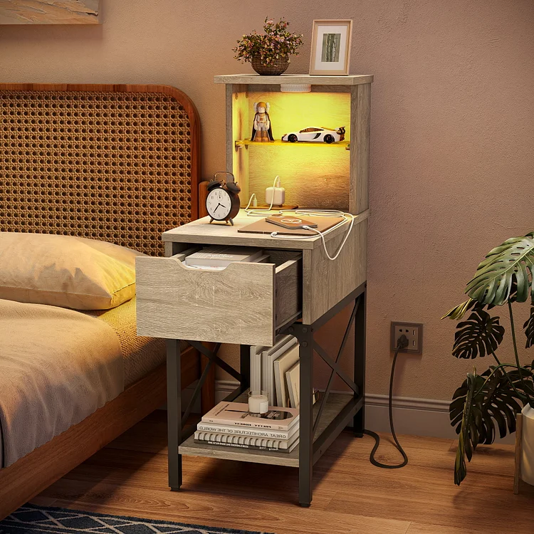 Bestier End Table with LED Lights & Charging Station, Weathered Rustic Oak