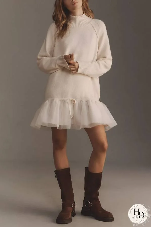 Holiday Cutie Knit Long Sleeve Turtleneck Tulle Twofer Mini Dress