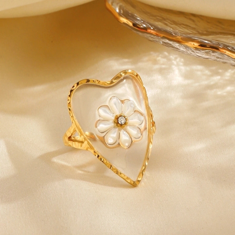 IG Style Heart Shape Flower 304 Stainless Steel Resin 18K Gold Plated Plating Inlay Open Rings