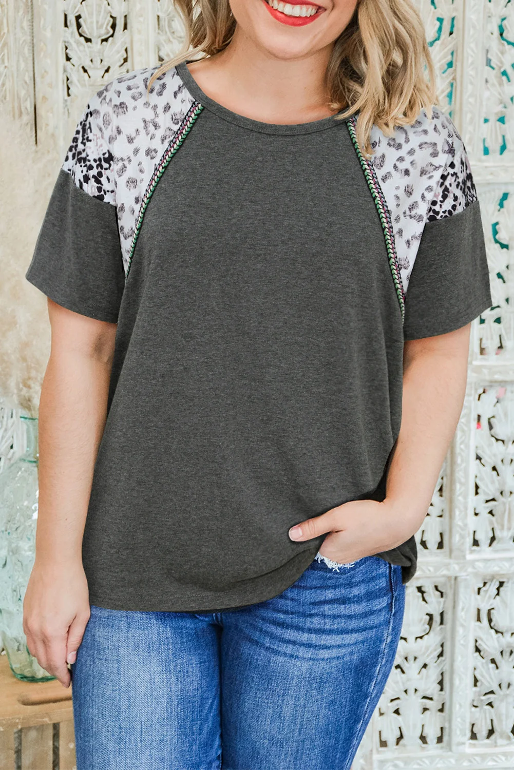Gray Plus Size Distressed Mix Print Sleeve Tee | IFYHOME