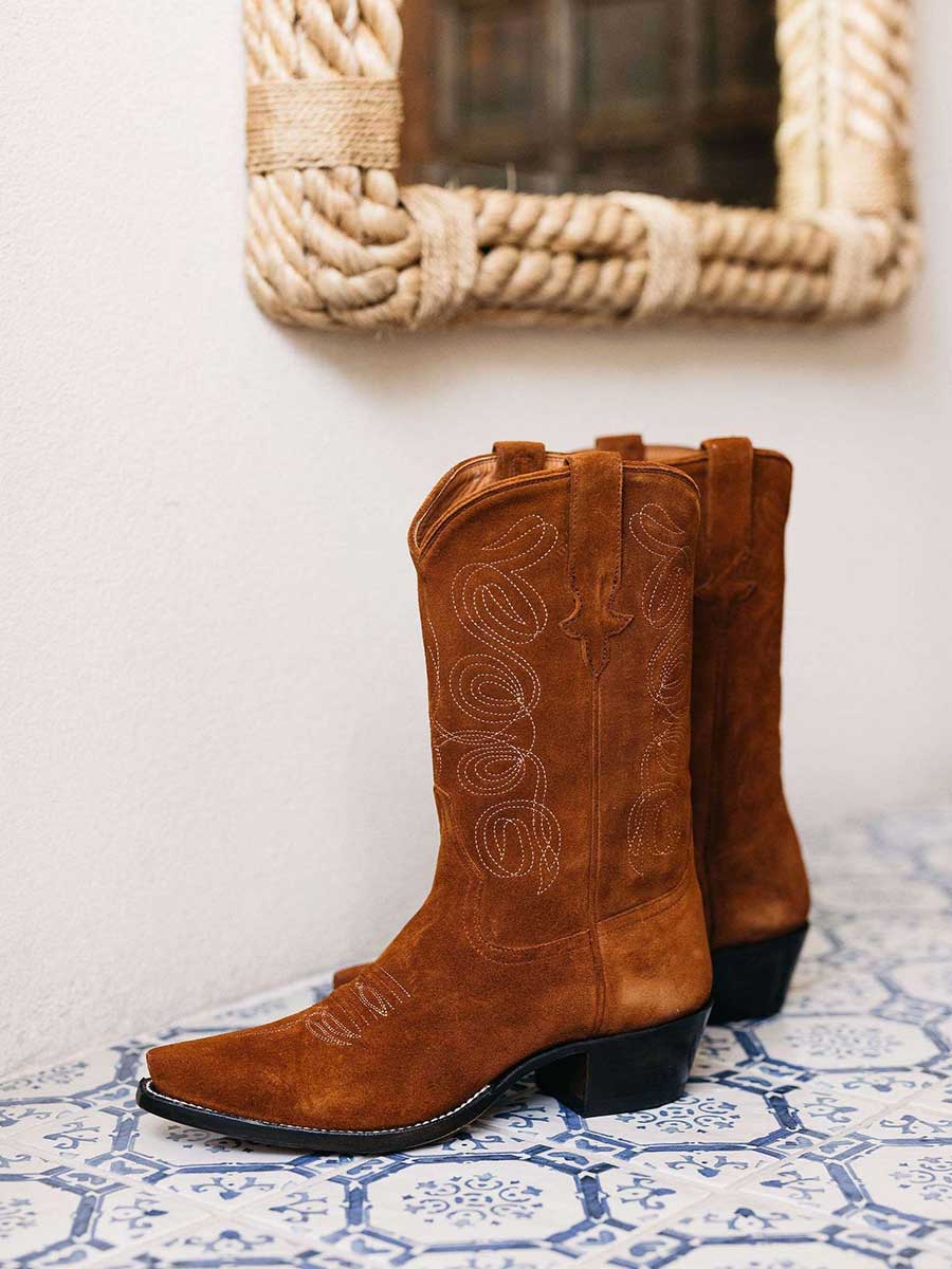 Brown Faux Suede Sophisticated Enchanting Embroidered Wide-Calf Cowgirl Boots
