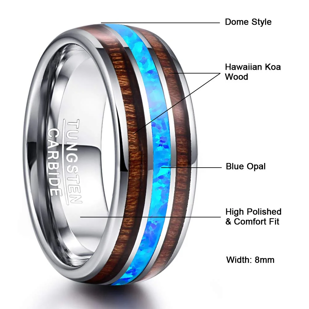 8MM Hawaiian Koa Wood and Blue Opal Inlay Tungsten Carbide Rings Mens Womens Domed Wedding Comfort Fit Couple