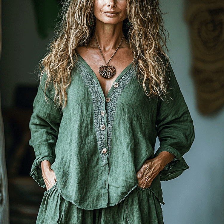 Women's Linen Ethnic Style V-neck Long-sleeved Shirt