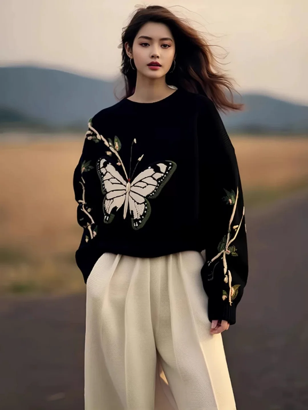 Athvotar Athvotar Butterfly Print Sweater Women 2025 Autumn And Winter New Loose This Year's Popular Beautiful Design Knitting Top