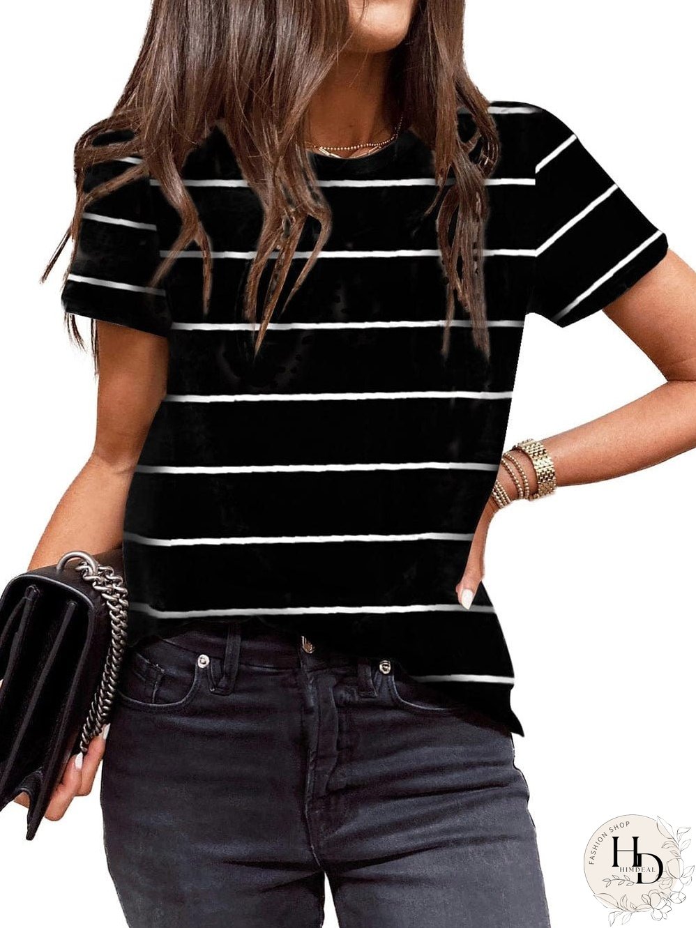 Stripe Print Black Short Sleeve Tee