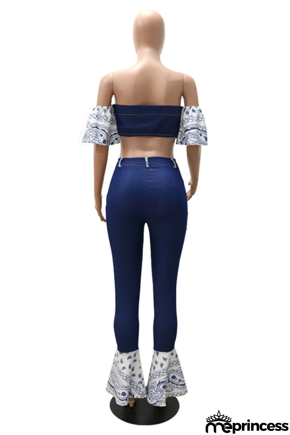 Dark Blue Sexy Casual Patchwork Backless Strapless Short Sleeve Two Pieces