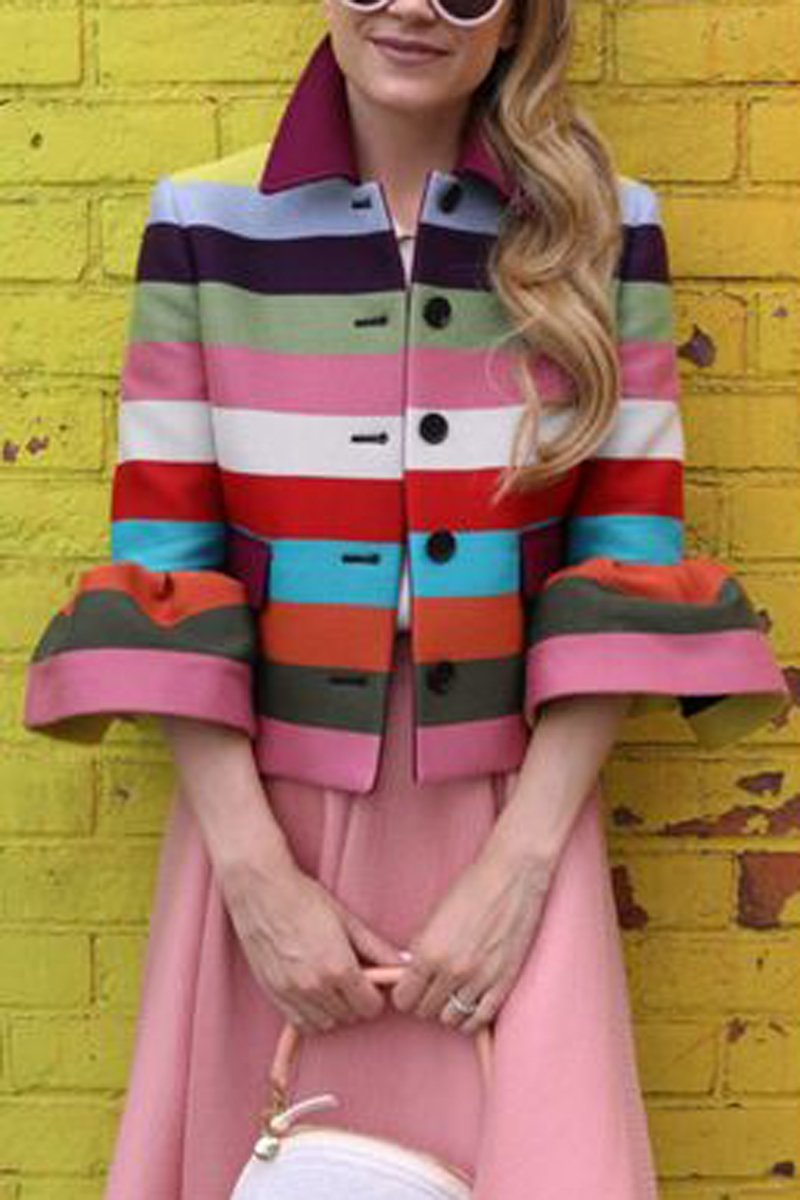 Stripe Contrast Flare Sleeve Coat