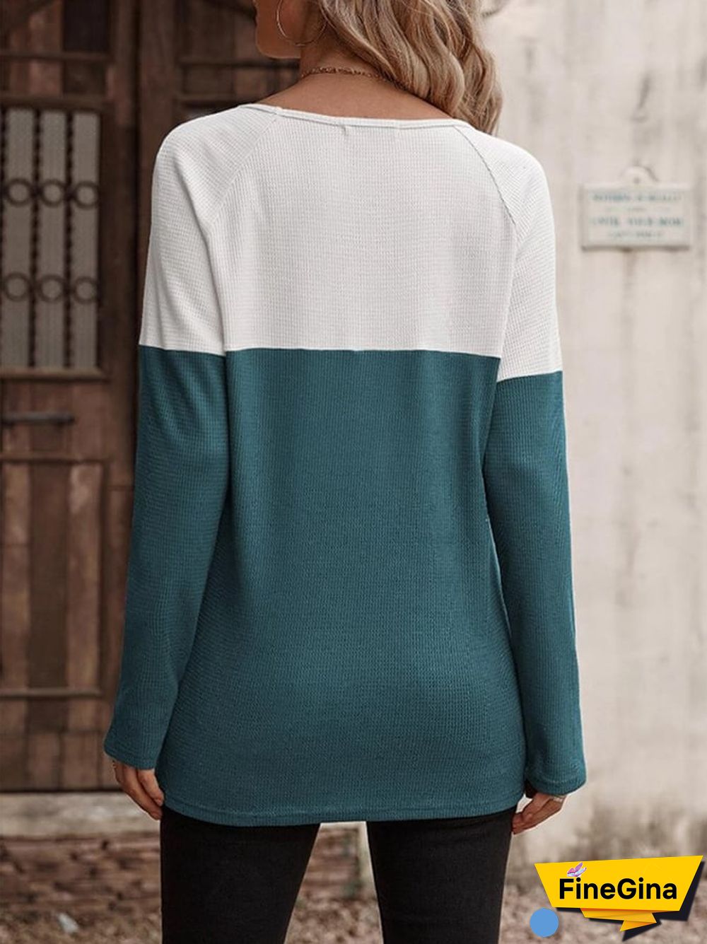 Women's Fall Work Casual Color Block Button Decor Knit Tops