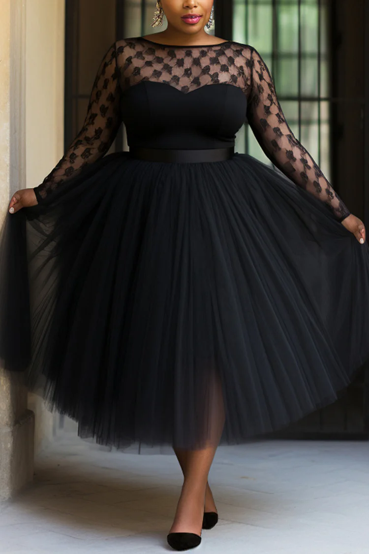 Xpluswear Design Plus Size Wedding Black Boat Neck Long Sleeve See Through Lace Tulle Midi Dresses