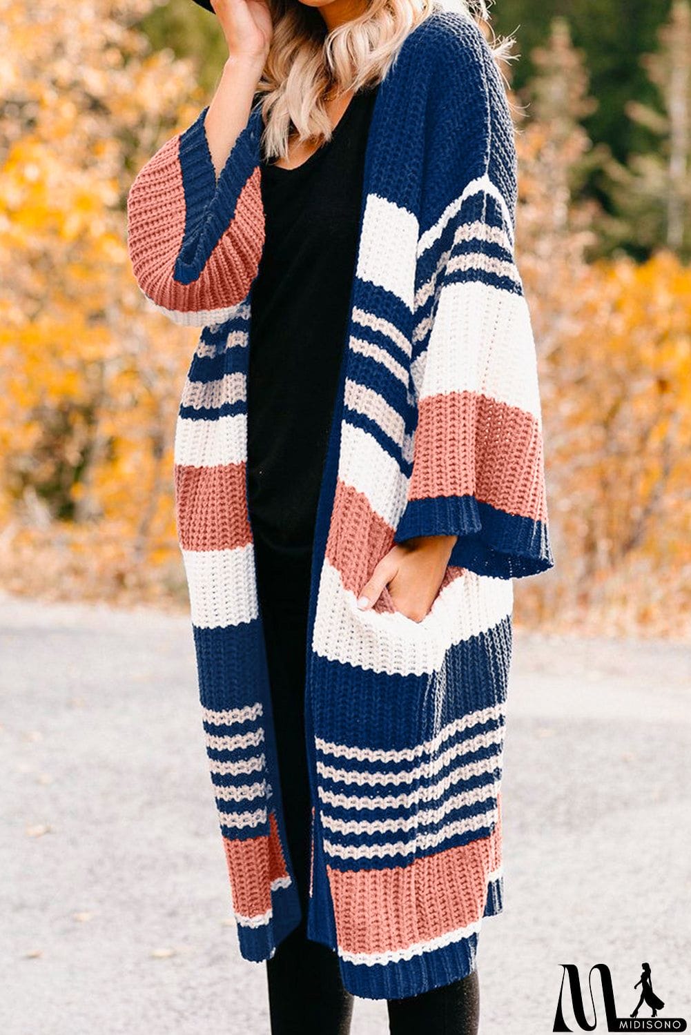 MidiSono - Pocketed Novelty Striped Chenille Cardigan