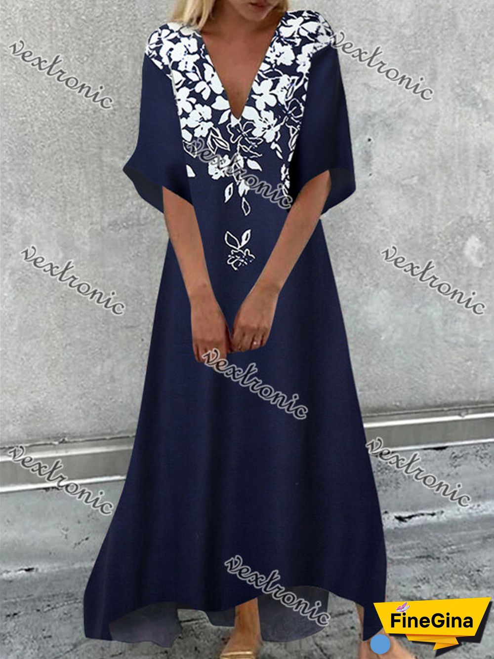 Women's Dark Blue V-Neck Half Sleeve Graphic Floral Printed Maxi Dress