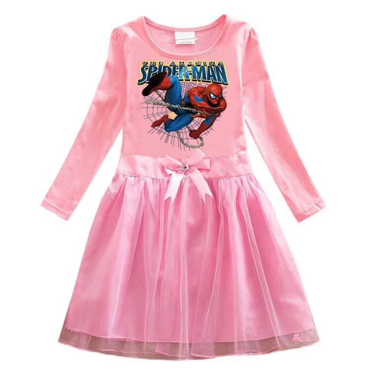 Girls The Amazing Spider-Man Print Long Sleeve Cotton Bow Tulle Dress