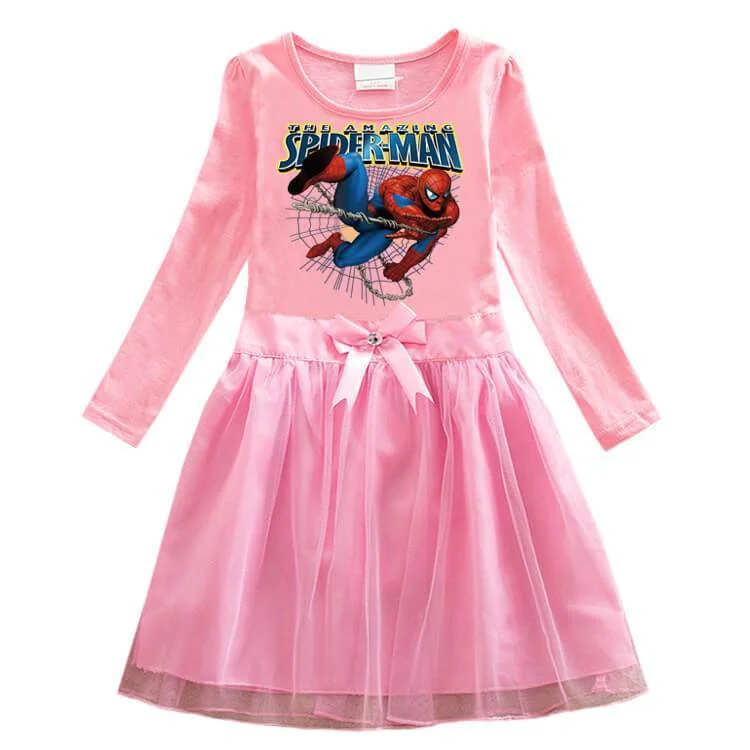 Girls The Amazing Spider-Man Print Long Sleeve Cotton Bow Tulle Dress-Mayoulove