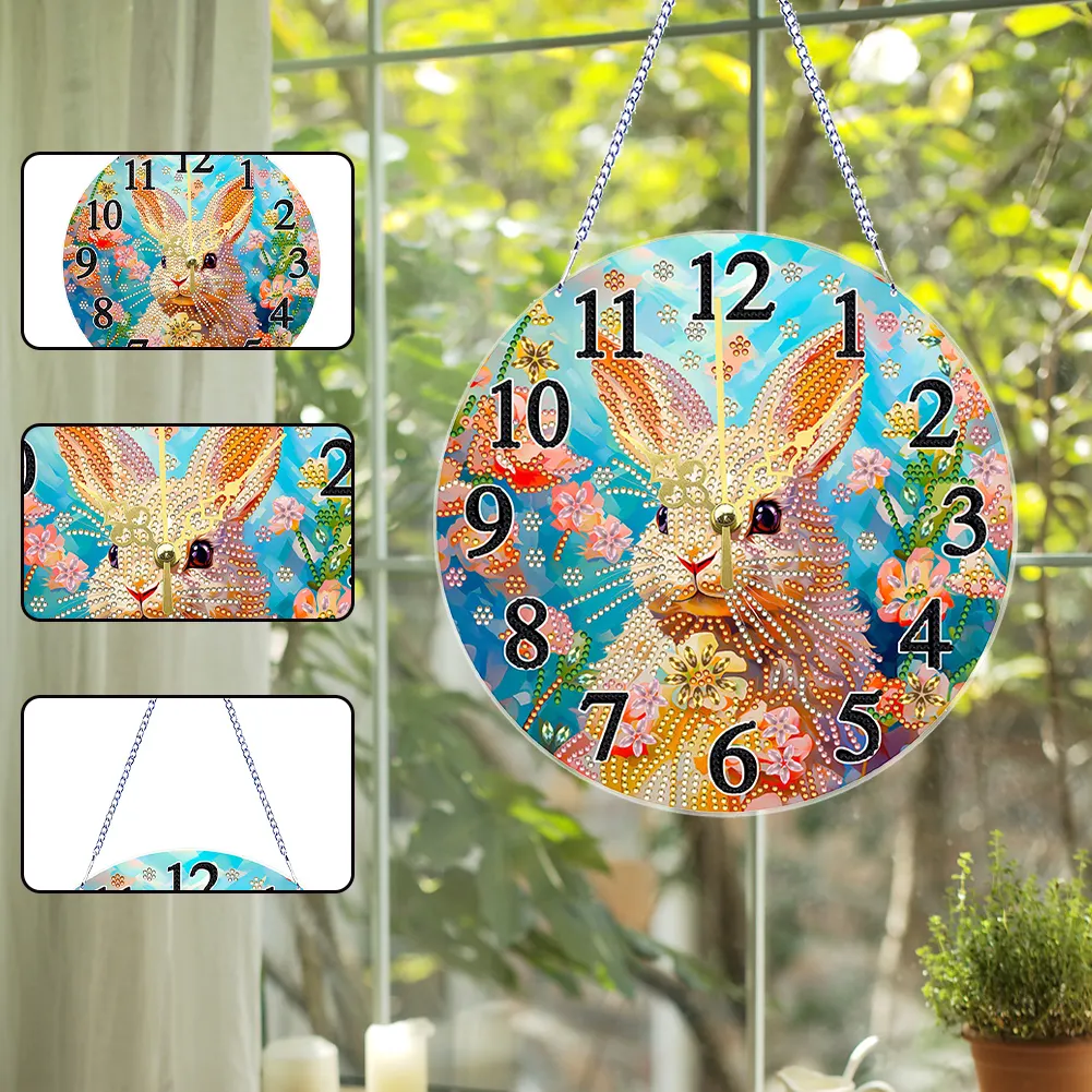 5D DIY Rabbit Acrylic Special Shape Diamond Painting Clock Art Craft for Home Decor