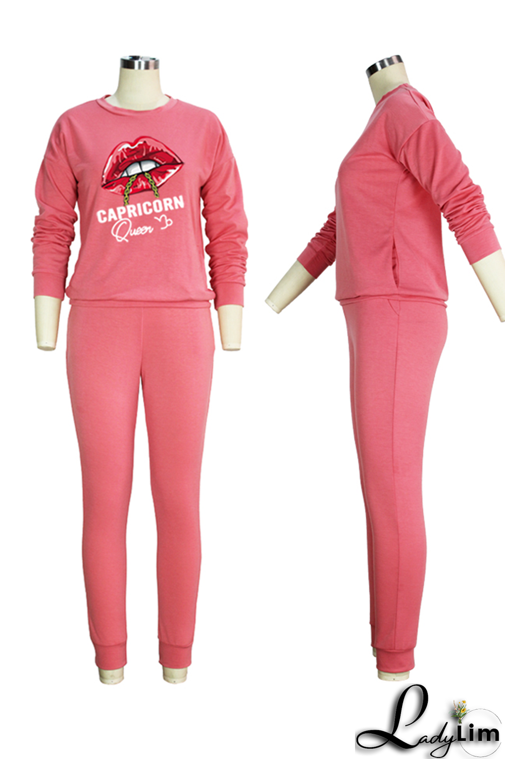 Yellow Fashion Lips Printed Patchwork O Neck Long Sleeve Two Pieces