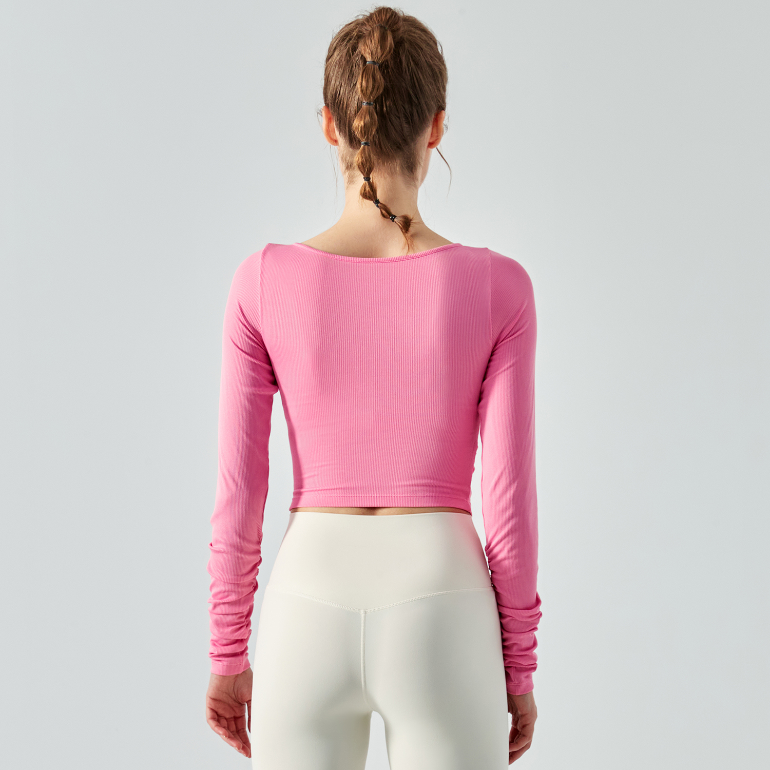 Buy Hergymclothing Rose Pink scrunch hollow-out slim fit long sleeve ribbed active running t-shirt online