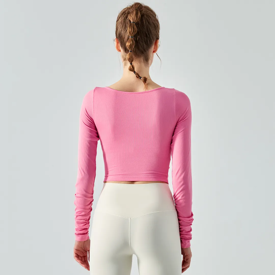 Buy Hergymclothing Rose Pink scrunch hollow-out slim fit long sleeve ribbed active running t-shirt online