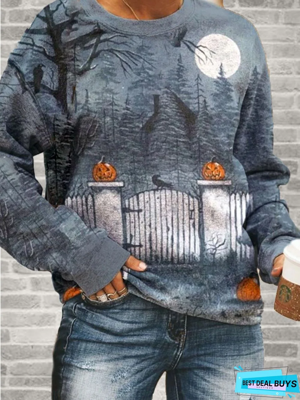 Halloween Light Blue Crew Neck Printed  Outdoor Sweatshirt