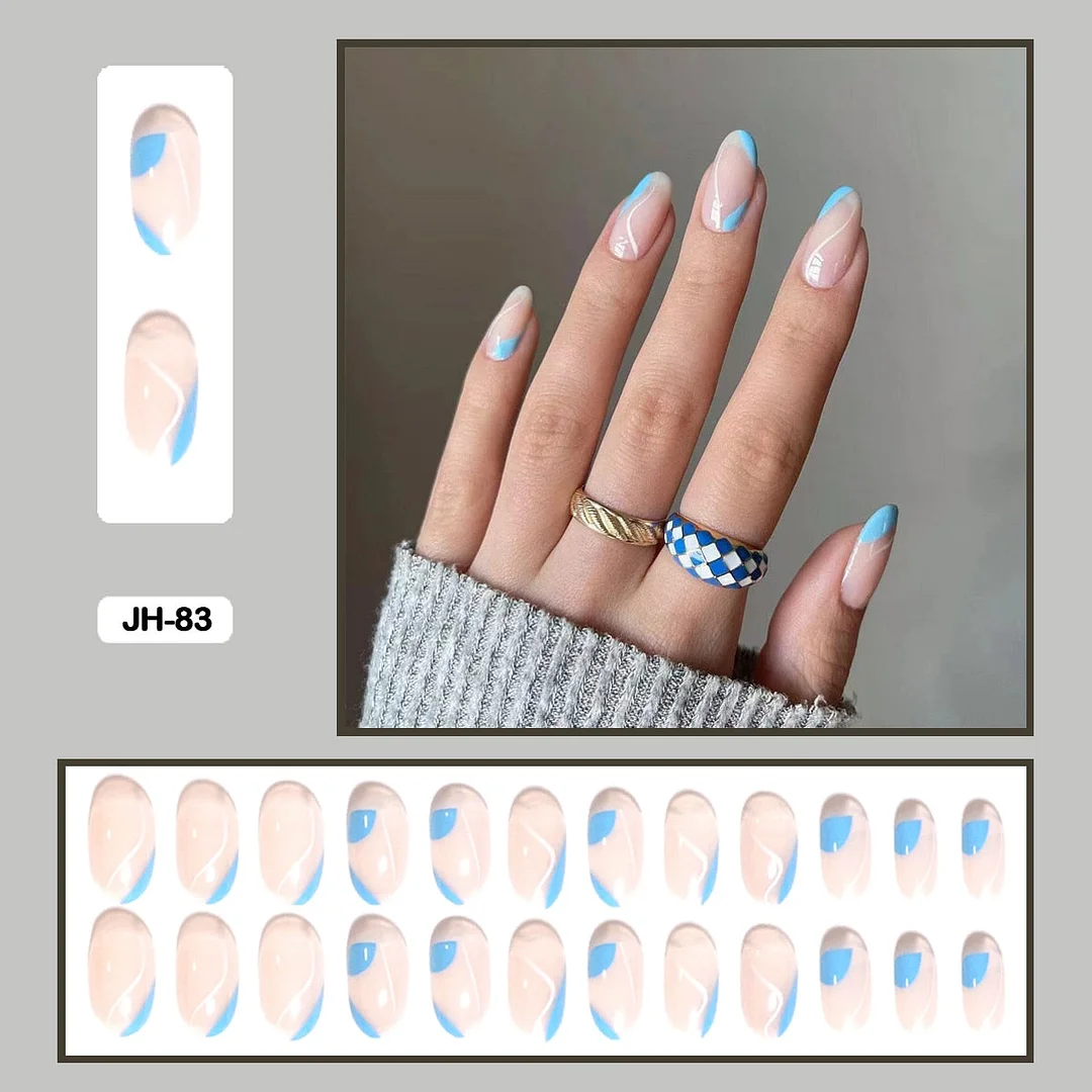 24Pcs/Set French Contracted Artistic Line Drip Shaped Short Wearable False Nails With Glue Manicure Art Tools Fake Nails-Nail Inspo