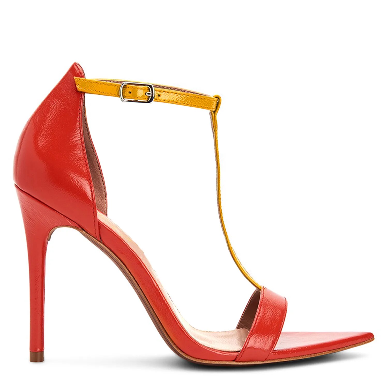 TAAFO Red T-Strap Stilettos Women's Sandals High Thin Heels Pointed Toe Office Dress Ladies Buckle Shoes Large Size 41 43