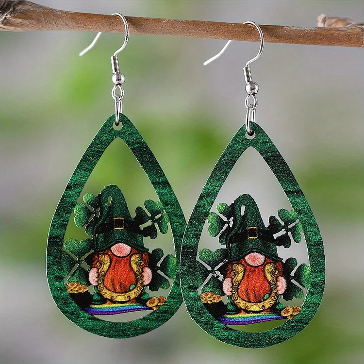 Wooden Pendant Clover & Gnome Design Earrings