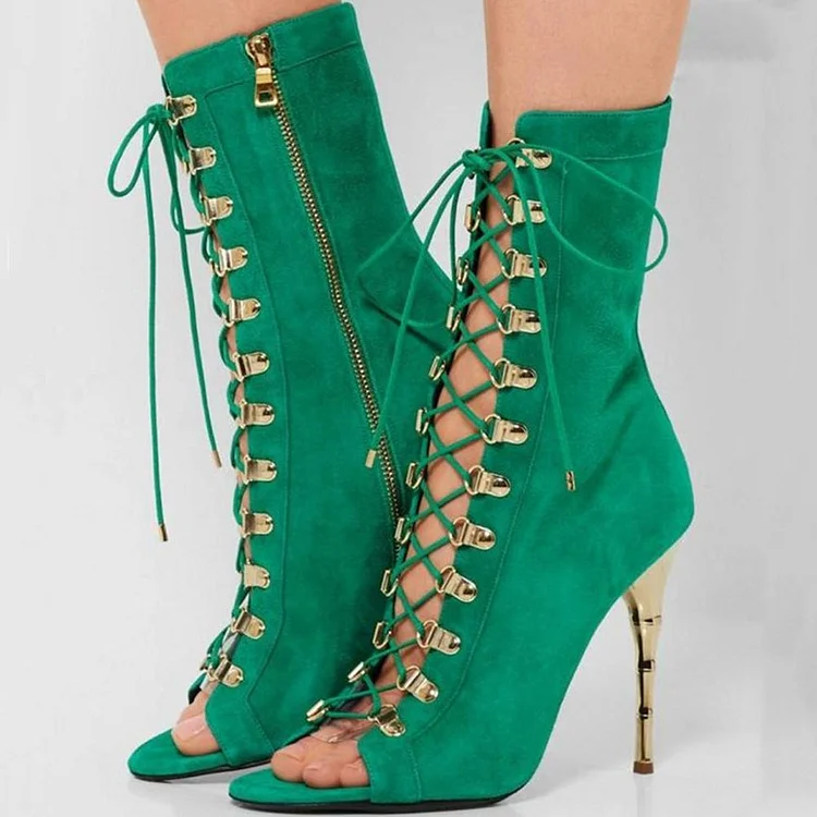 Green Summer Boots Stiletto Heels Mid-calf Booties |FSJ Shoes