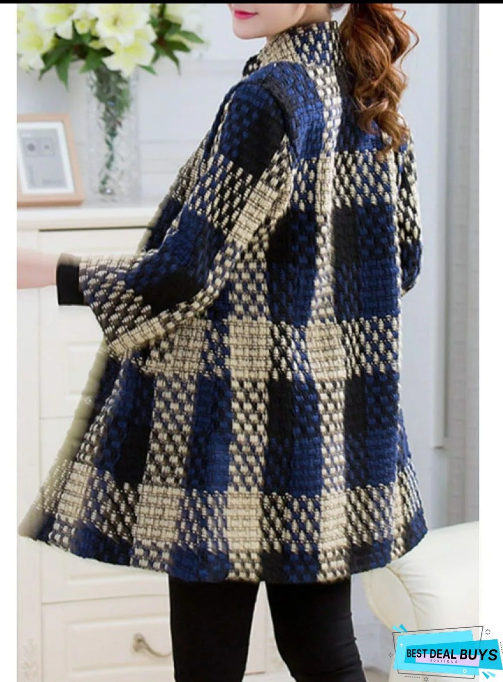 High Neck Slit Pocket Checkered Coats