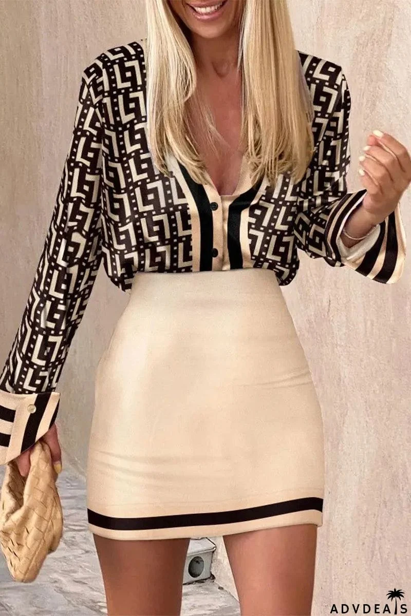 Elegant Geometric Print Printing Zipper V Neck Long Sleeve Two Pieces