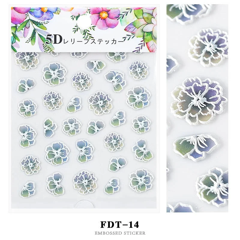 Nail Stickers Embossed 5D Flowers Leafs Designs Back Glue Nail Decals Decoration Tips For Beauty Salons-Nail Inspo