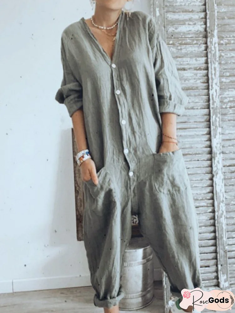 Light Gray 3/4 Sleeve Plain Casual Buttoned Jumpsuits