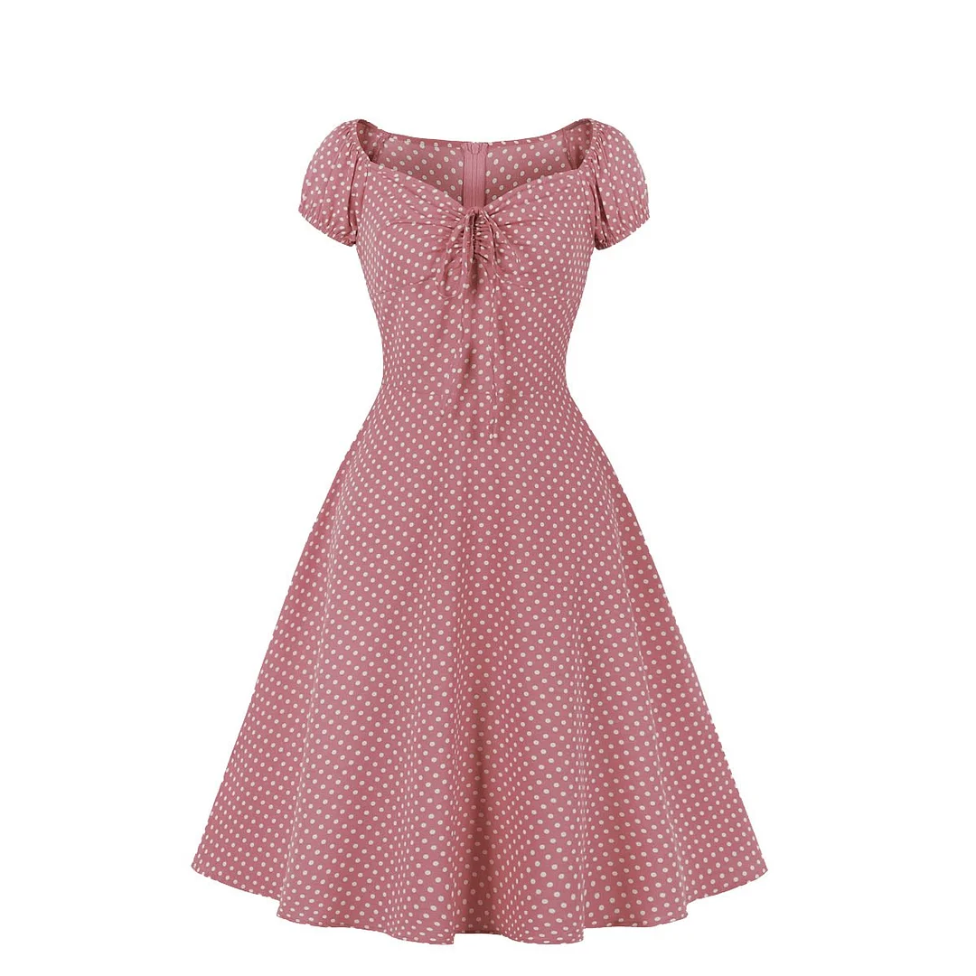 Polka Dot Dress Retro-Style Square Collar Drawstrings Big Swing Dresses