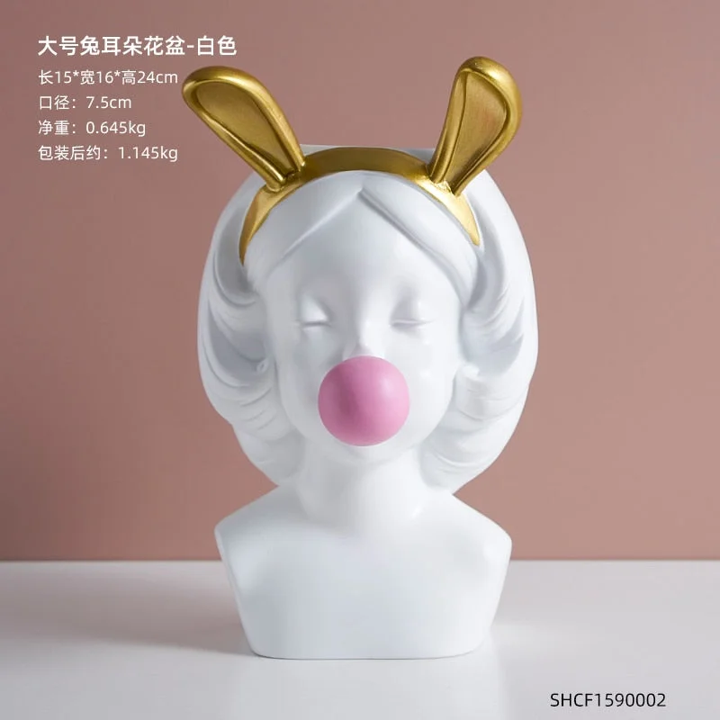 Nordic style girl flower pot plant resin flower pot rabbit ear/cat ear girl potted modern living room decoration decoration gift
