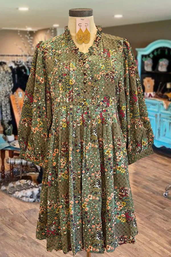 Mixed Floral Print V-Neck Bubble Sleeve Dress